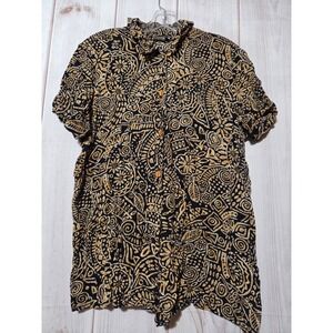CM Shapes Women's Black Gold Batik Print Button Down Blouse Short Sleeve Large